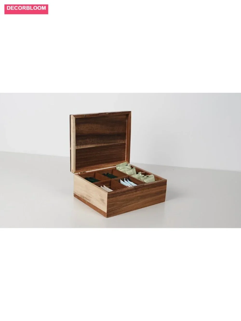 Acacia Wood Tea Bag Organizer with Lid, 6 Compartments, Tea Storage Chest